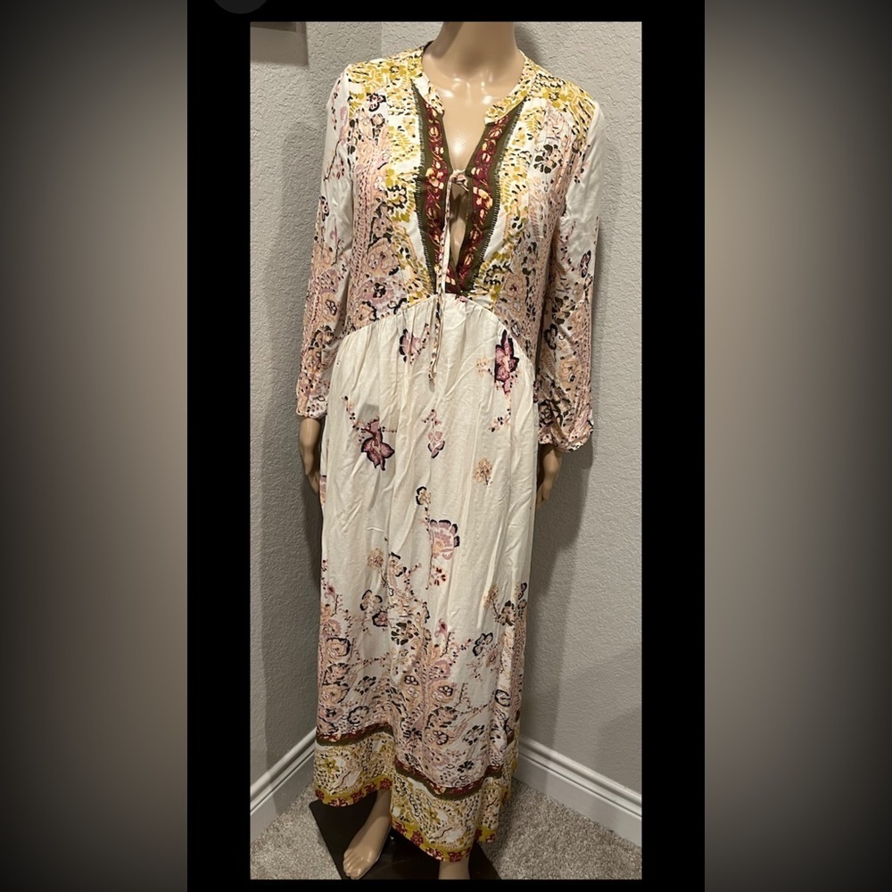 Free People Floral Bohemian Maxi Dress - Cream and Pink